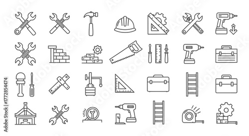 construction icons set vector illustration with black pictograms for various objects and symbols