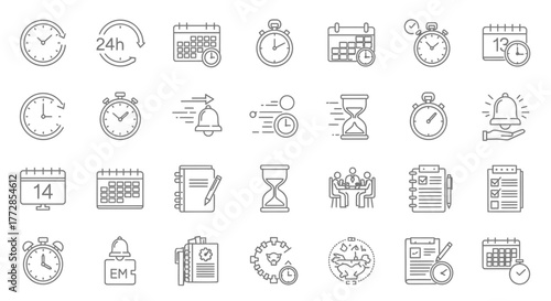 Time Management and Schedule Line Icons Set. Vector Outline Collection of Clock, Calendar, Deadline, and Productivity Symbols.