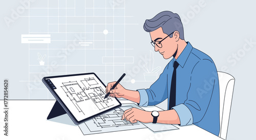 Architect Working on Digital Blueprint for Modern Residence and Detailed Planning
