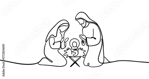 Nativity scene: Virgin Mary, Joseph and Jesus in the manger, drawn with one continuous line. Black outline illustration isolated on white background. Vector illustration.