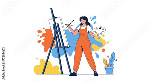 Artist Painting Canvas With Brush and Palette, Creative Process Illustration in Flat Style