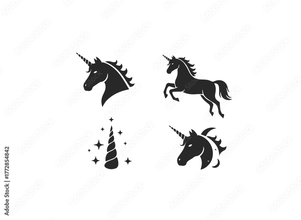 Obraz premium Unicorn Silhouettes and Magical Horn Icons