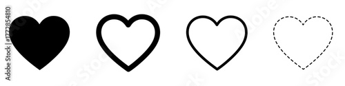 Set of heart icons in different styles: solid, thick outline, thin outline and dotted line. Black icons isolated on white background. Vector illustration.