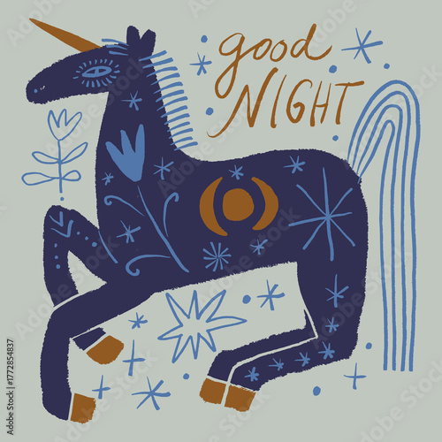 Night nursery unicorn vector and jpg clipart file image, editable isolated details, good night hand-sketched lettering text. Pony funny childish art in cartoon minimalist Scandinavian style, baby