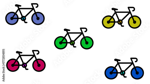 set of bicycle icons : colorful bicycle graphics with round wheels pattern for urban fitness and lifestyle stock photo design