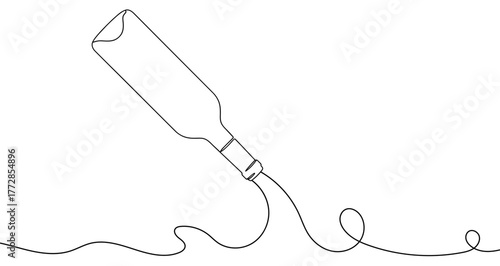 Bottle pouring wine drawn with one continuous line. Black outline illustration isolated on white background. Vector illustration.
