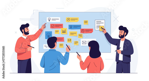 Business Team Brainstorming Ideas And Planning On A Strategic Project Board