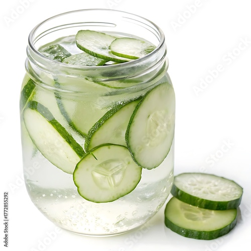 Cucumber infused water in a glass jar with cucumber slices on a white surface studio shot close up