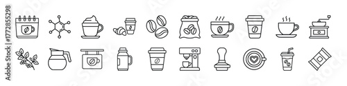 Vector coffee icon set coffee shop cafe elements coffee bean cup machine grinder and accessories line art