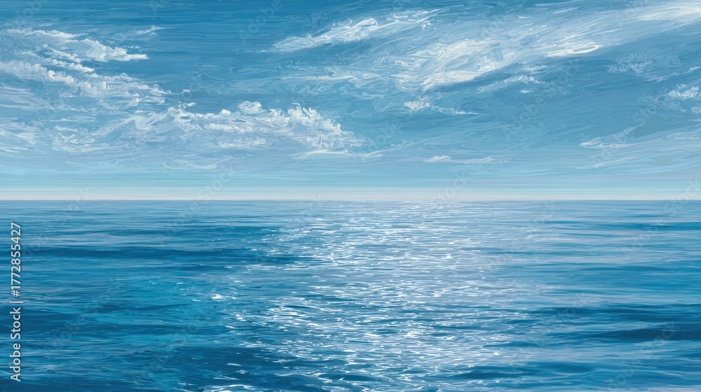 Obraz premium Endless blue sea stretches to the horizon with clouds drifting in a clear sky above.