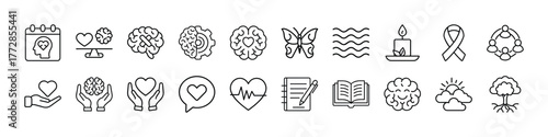 Mental health awareness icons set, brain, heart, support, love, care, wellness, therapy, hope, mind