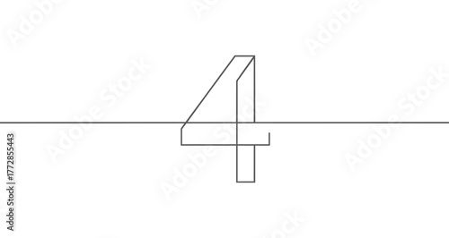 Number four ("4") drawn with one continuous line. Black outline illustration isolated on white background. Vector illustration.
