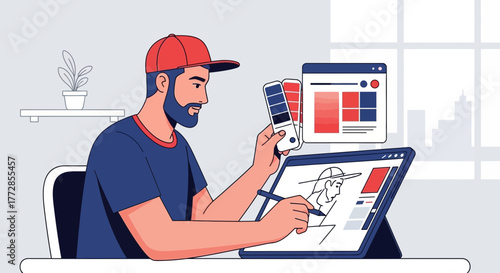 Creative Designer Choosing Colors and Working on Digital Drawing in Modern Office