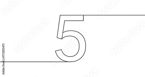 Number five ("5") drawn with one continuous line. Black outline illustration isolated on white background. Vector illustration.