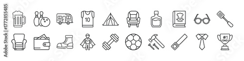 Fathers day icons set vector illustration beer bowling rv jersey tent armchair liquor book glasses