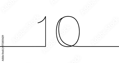 Number ten ("10") drawn with one continuous line. Black outline illustration isolated on white background. Vector illustration.