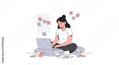 Creative Freelancer Working On Her Laptop Surrounded By Notes And Inspiration At Home