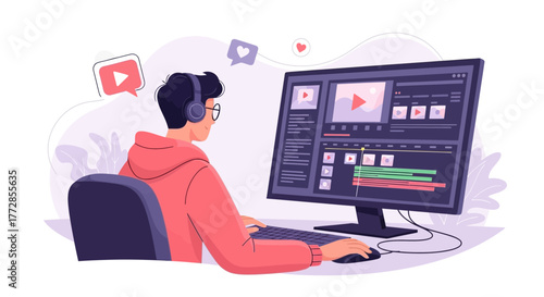 Creative Editing And Production Concept, Professional Videographer Working With Equipment Online