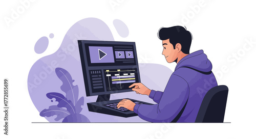 Young Man Working On Video Editing Software With Modern Computer Technology