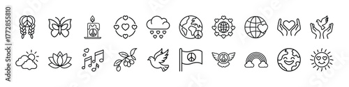 Peace symbols vector art: dove, earth, hearts, rainbow, candle, music notes, and peace flag doodles