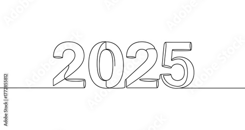 2025 year. Black number 2025 with 3D effect, written in one continuous line. Vector illustration on white background.