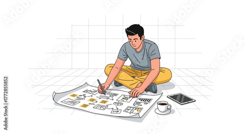 Young Professional Sketches Project Blueprint And Focuses On Innovative Conceptual Ideas