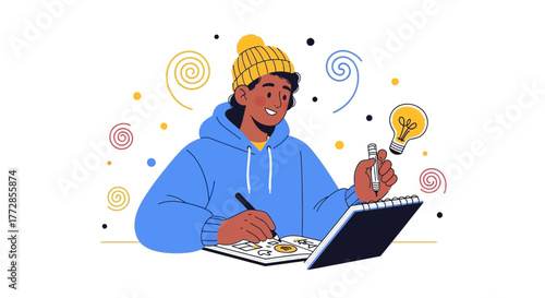 Creative Process Depicted: A Person Brainstorming Ideas and Sketching in Notebook