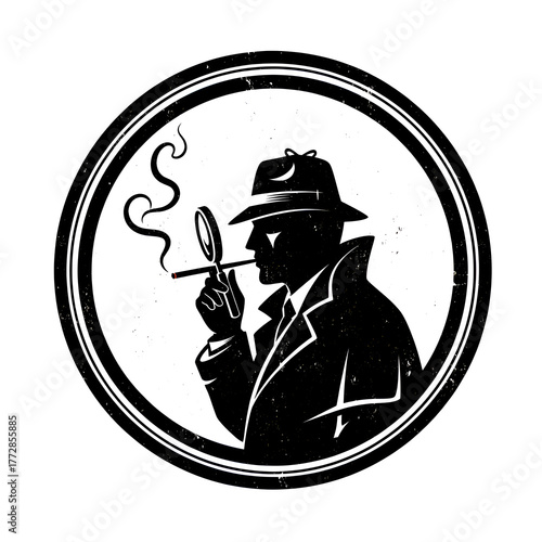 Mysterious detective examining clue with magnifying glass smoking cigar surrounded by smoky swirls