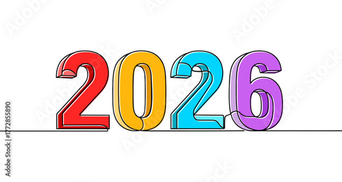 2026 year. Colored number 2026 with volumetric 3D effect, written in one continuous line. Vector illustration on white background.