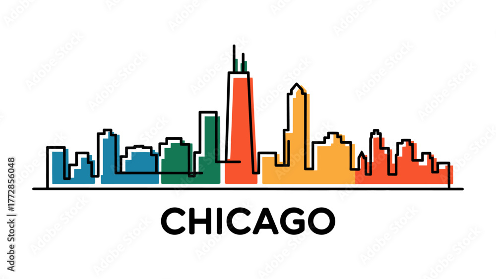 Naklejka premium Chicago City Skyline Silhouette: a colorful architectural panorama that depicts famous landmarks and the word Chicago in a modern artistic style.