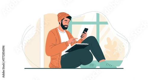 Man In Hat Checking Phone Whilst Holding Notebook Beside a Window. Vector Illustration