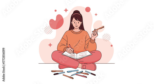 Creative Writing Moment: Woman Concentrating And Drawing In Her Notebook With Pens