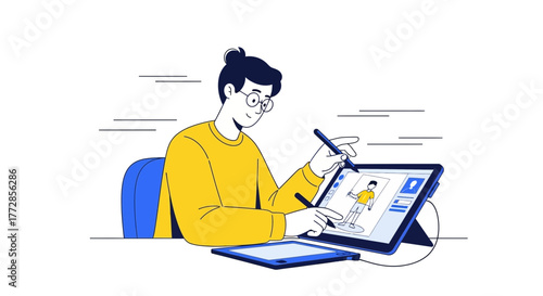 Digital Artist Crafting Illustration On Tablet, Focused And Creative, Illustration Design.