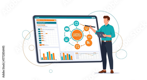 Digital Marketing Strategist Illustrating Content Strategy With Analytical Data And Graphics