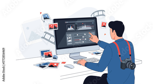 Digitally Enhancing Photos: Photographer Working On Computer Optimizing Images