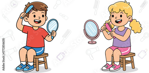 Children, grooming, cartoon, comb, mirror, hygiene, hairbrush, styling, self-care, stools, colorful, playful, boy, girl, hair, reflection, bathroom, fun, illustration, habits