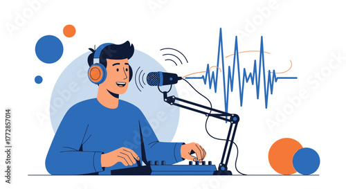 Professional Podcaster Broadcasting Content With Microphone and Audio Waveform Visuals