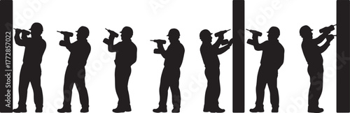 Worker with Power Drill Silhouette Set
