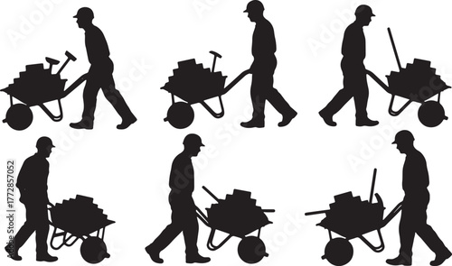 Worker Pushing Wheelbarrow Silhouette Collection