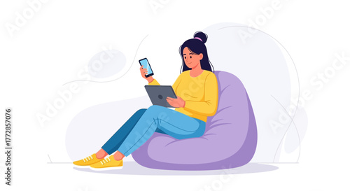 Relaxed Woman Using Phone And Tablet While Relaxing On A Beanbag For Modern Lifestyle