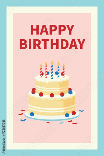 Happy Birthday Card with Two Tiered Cake and Candles on Pink and Blue Background
