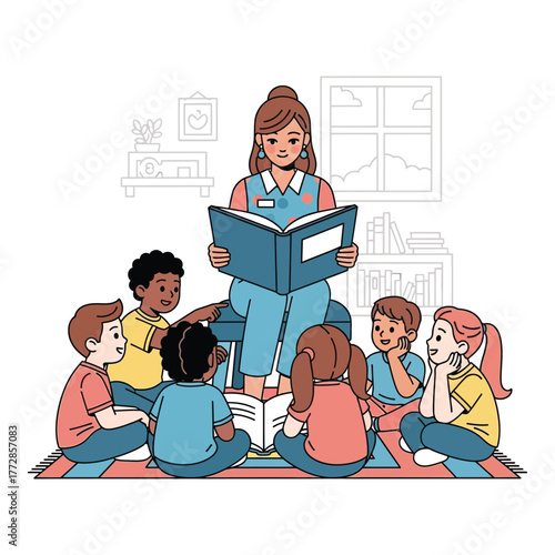 Teacher reading a book to children diverse group of kids listening attentively vector illustration for education and storytelling