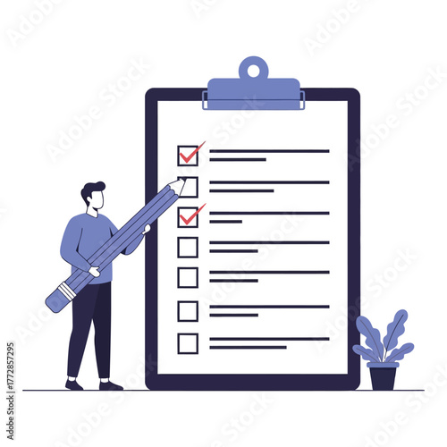 Man holding a large pencil next to a clipboard with checkmarks vector illustration for business and task management concepts isolated on white background