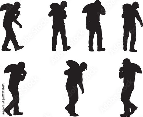 Worker Carrying Sack on Shoulder Silhouettes