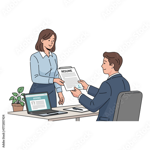 Woman handing resume to hiring manager interview process illustration vector concept for job application and recruitment
