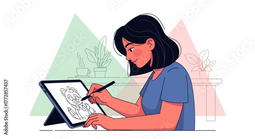 Woman Creates Digital Art Illustration Using Graphic Tablet in a Modern Creative Environment