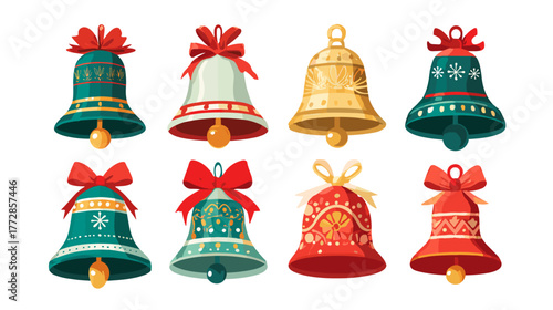 Vector illustration of a set of different festive bells isolated on a white background