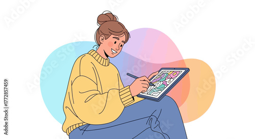 Woman Creates Digital Art Using Tablet Illustrating Creative Process Beautifully