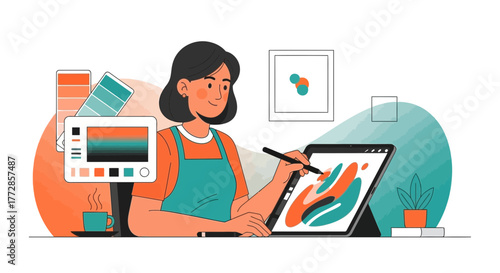 Woman Creating Digital Art On Tablet Using a Stylus With Coffee and Color Palettes