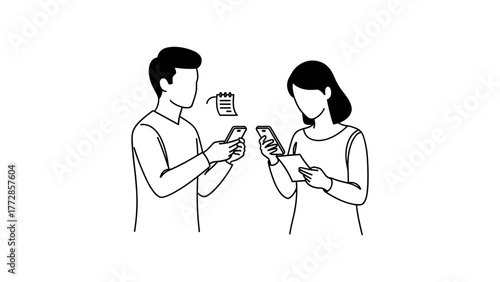 A man and a woman are using their smartphones to communicate online